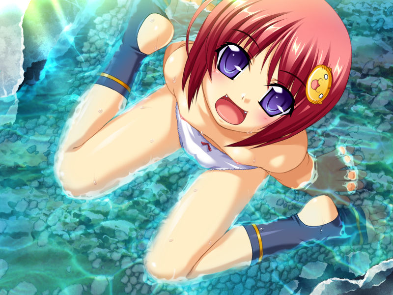 chouhi (koihime musou), koihime musou, game cg, 00s, 1girl, female focus, flat chest, nipples, panties, purple eyes, red hair, solo, toeless legwear, topless female, underwear