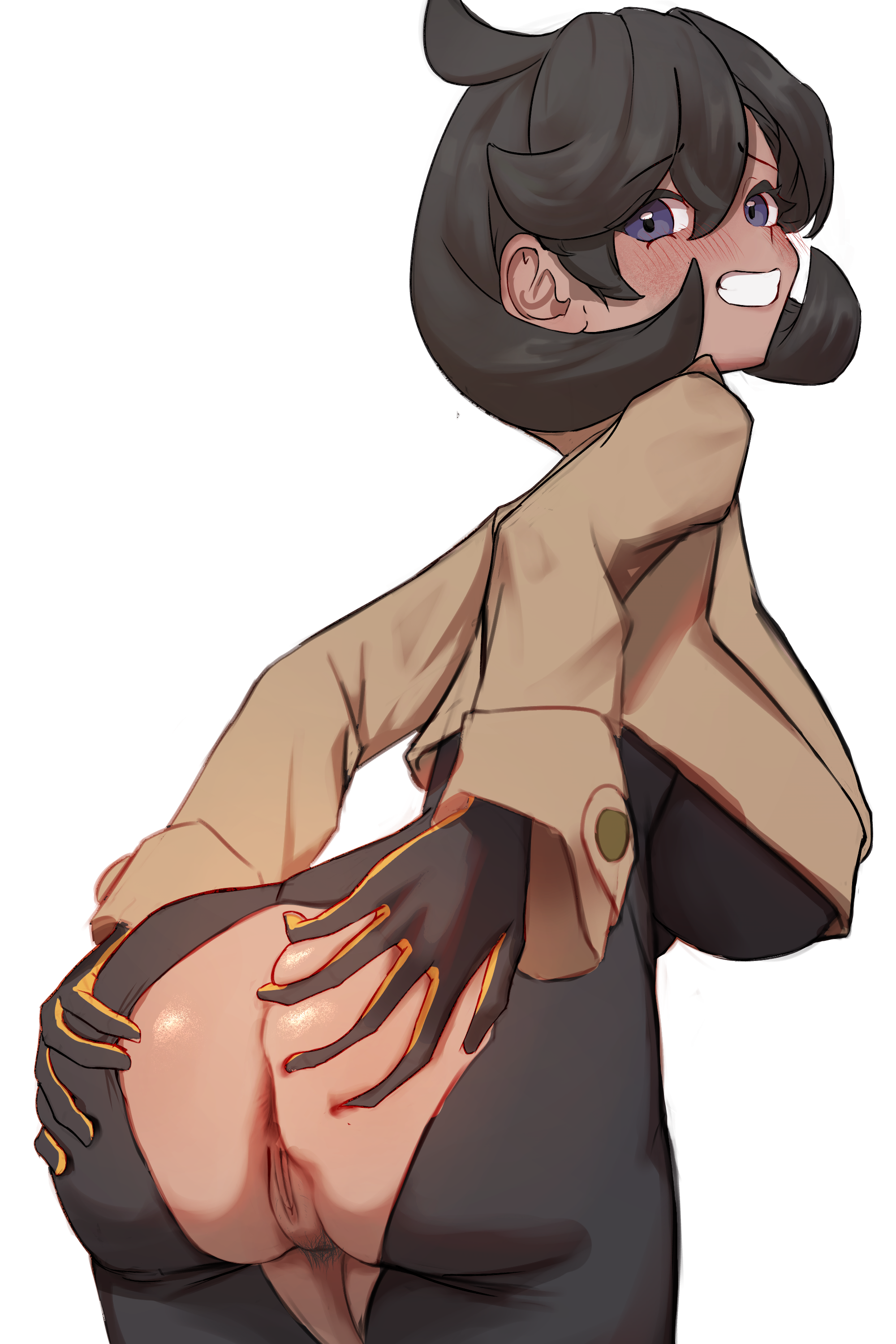 kaba (hama), emma (pokemon), nintendo, pokemon, pokemon legends: z-a, absurdres, highres, 1girl, anus, ass, black bodysuit, black hair, bodysuit, breasts, brown jacket, dark-skinned female, dark skin, female pubic hair, from behind, grabbing own ass, grin, jacket, large breasts, long sleeves, looking back, pubic hair, purple eyes, pussy, short hair, simple background, smile, solo, torn bodysuit, torn clothes, uncensored, white background