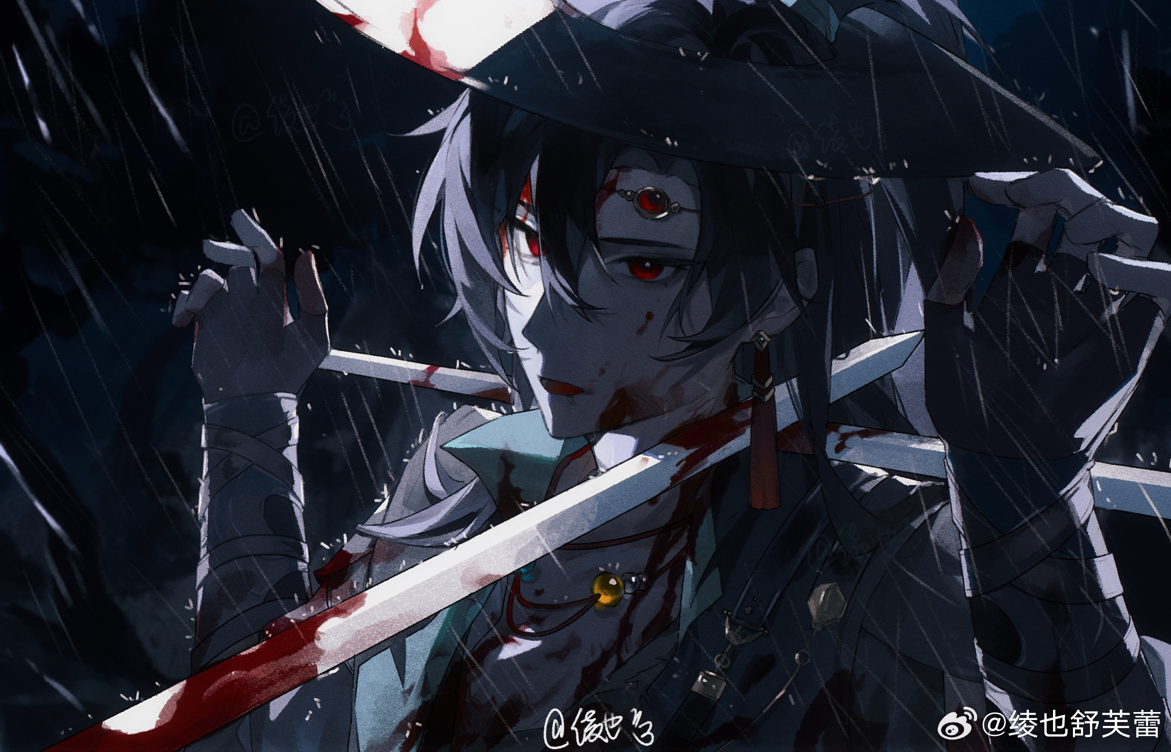 ling ye shufulei, ayn alwyn, lovebrush chronicles, chinese commentary, highres, 1boy, :d, arm guards, arm strap, at knifepoint, bead necklace, beads, black gloves, black hair, black hat, black jacket, blade to throat, blood, blood on clothes, blood on face, bloody weapon, chinese clothes, crossed swords, dark, earrings, fingerless gloves, gem, gloves, green hanfu, green robe, hair between eyes, half updo, hands up, hanfu, hat, head chain, high ponytail, jacket, jewelry, lapels, long hair, long sleeves, looking at viewer, male focus, mandarin collar, necklace, night, notched lapels, open clothes, open hat, open jacket, open mouth, ponytail, rain, red eyes, red gemstone, robe, shirt, sideways glance, signature, single earring, smile, solo, sword, sword to throat, tassel, tassel earrings, watermark, weapon, weibo watermark, white shirt