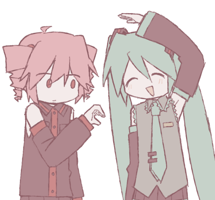 meltypen, hatsune miku, kasane teto, kasane teto (utau), utau, vocaloid, commentary, 2girls, arm up, closed eyes, collared shirt, detached sleeves, drill hair, green hair, hair ornament, heart hands failure, long hair, long sleeves, looking at another, looking to the side, multiple girls, necktie, open mouth, pink eyes, pink hair, pleated skirt, shirt, skirt, sleeveless, sleeveless shirt, smile, tie clip, twin drills, twintails, very long hair