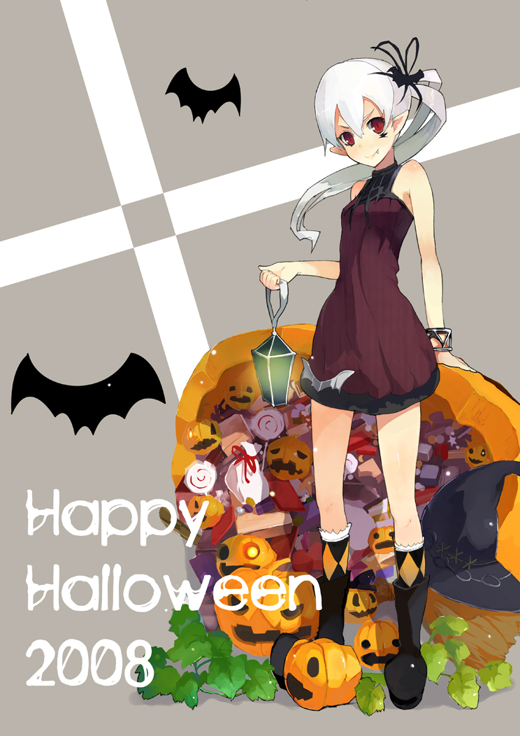 miz, original, bad id, bad pixiv id, 00s, 1girl, 2008, argyle clothes, argyle socks, bat (animal), boots, bracelet, candy, fang, female focus, food, frilled socks, frills, halloween, happy halloween, hat, jack-o'-lantern, jewelry, kneehighs, lamp, lantern, leaf, lollipop, long hair, pointy ears, ponytail, pumpkin, red eyes, socks, solo, swirl lollipop, white hair, witch hat