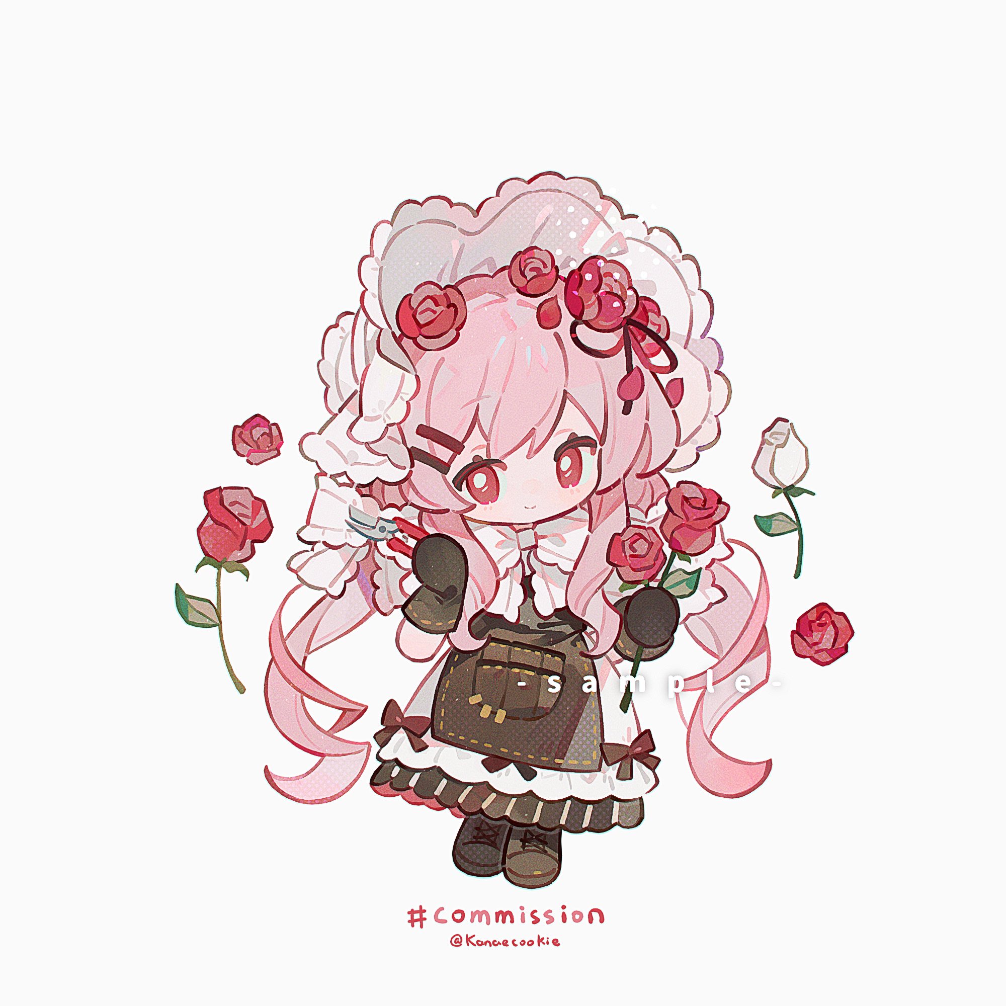 kanae (cookie), original, commission, highres, 1girl, apron, ball hands, black gloves, bonnet, boots, bow, bowtie, brown apron, brown boots, chibi, chibi only, closed mouth, dress, flower, full body, gloves, hair flower, hair ornament, hairclip, holding, holding flower, lace-up boots, long hair, looking at viewer, parallel hairclips, pink hair, red flower, red rose, rose, simple background, smile, solo, standing, twitter username, white background, white bonnet, white bow, white bowtie, white dress