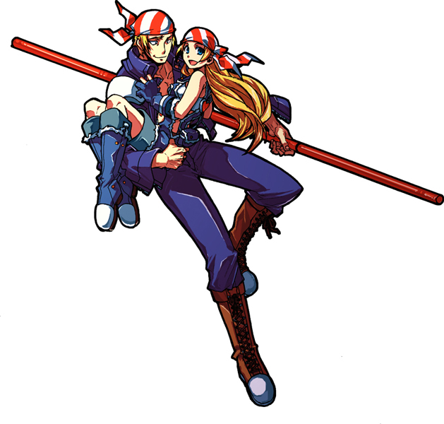 billy kane, lilly kane, kof: maximum impact, snk, the king of fighters, 1boy, 1girl, blonde hair, blue eyes, brother and sister, long hair, short hair, siblings