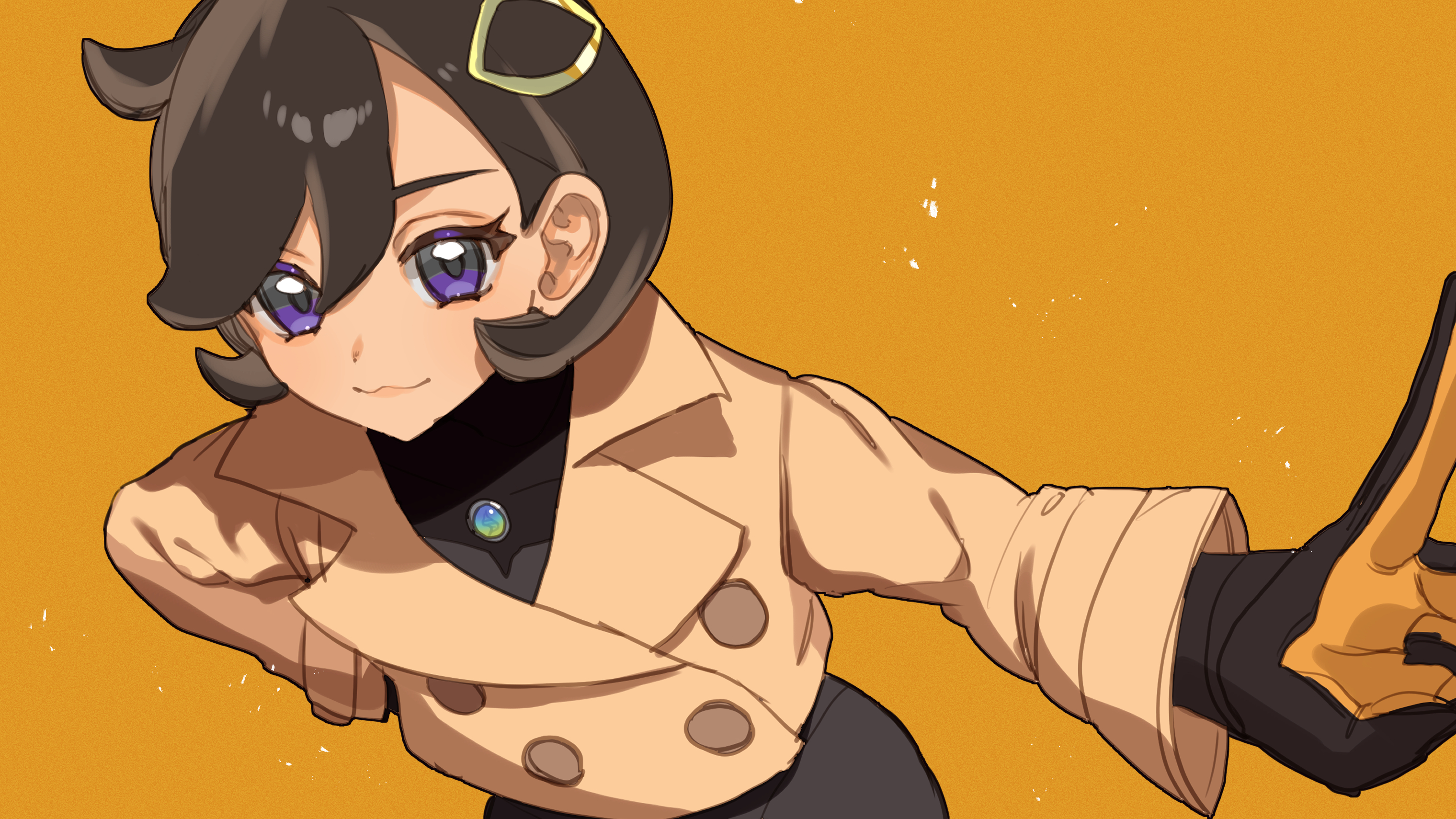 watashi momo, emma (pokemon), nintendo, pokemon, pokemon legends: z-a, highres, 1girl, black bodysuit, black gloves, black hair, blush, bodysuit, bodysuit under clothes, breasts, brown jacket, closed mouth, dark-skinned female, dark skin, gloves, hair ornament, jacket, latex, latex bodysuit, looking at viewer, mega stone, orange gloves, purple eyes, short hair, simple background, smile, solo, yellow background