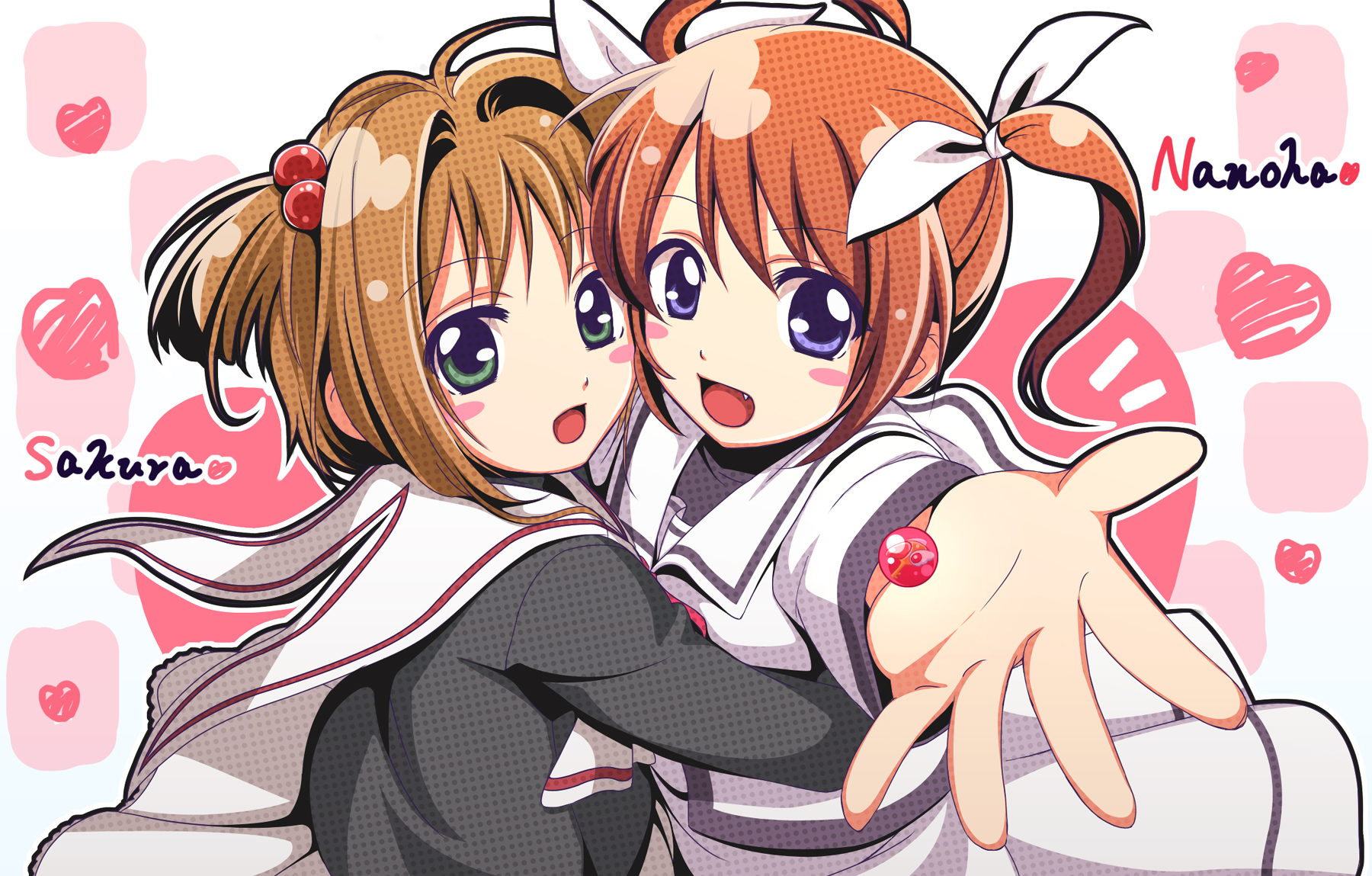 chobipero, kinomoto sakura, raising heart, takamachi nanoha, cardcaptor sakura, lyrical nanoha, mahou shoujo lyrical nanoha, highres, 00s, 1990s (style), 2girls, blue eyes, brown hair, child, crossover, fang, green eyes, hair bobbles, hair ornament, heart, hug, multiple girls, outstretched arm, outstretched hand, retro artstyle, ribbon, school uniform, short hair, tomoeda middle school uniform, twintails