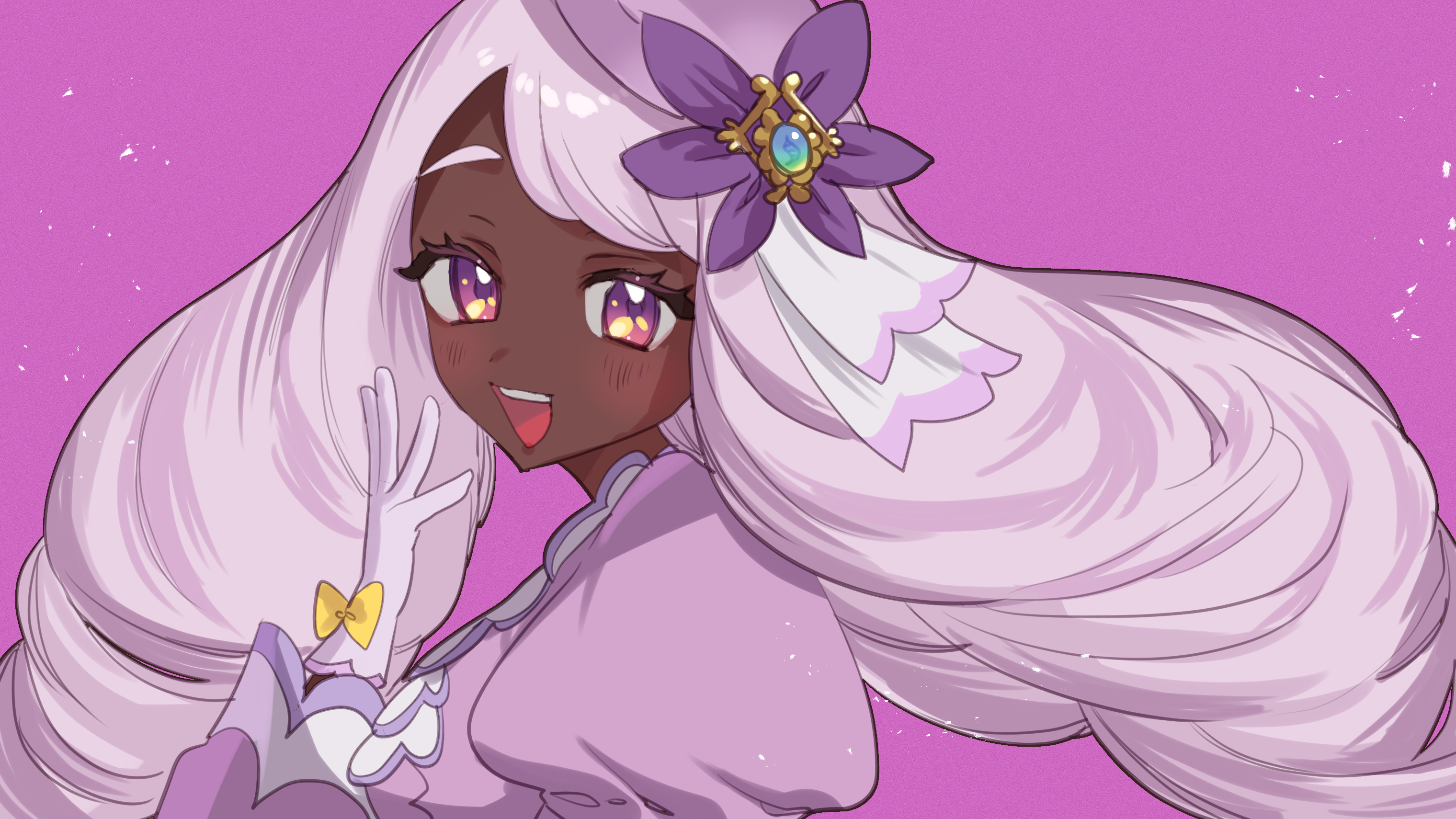watashi momo, jacinthe (pokemon), nintendo, pokemon, pokemon legends: z-a, highres, 1girl, ascot, blush, dark-skinned female, dark skin, dress, fascinator, frilled ascot, frills, gloves, juliet sleeves, long hair, long sleeves, looking at viewer, low drills, mega stone, open mouth, puffy sleeves, purple background, purple dress, purple eyes, purple hair, simple background, smile, solo, teeth, upper body, upper teeth only, very dark skin, white gloves