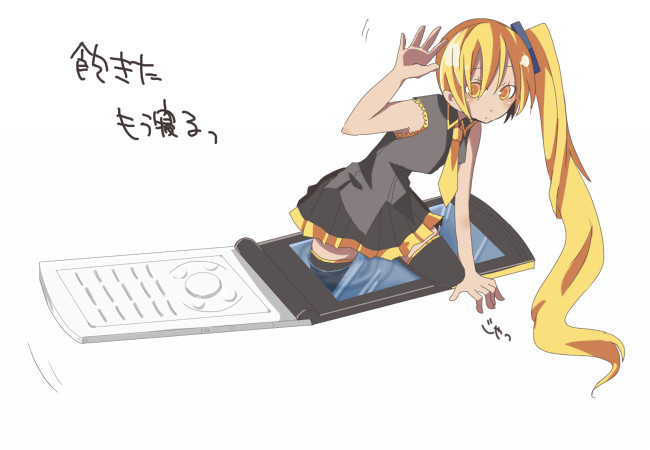 asatsuki hiko, kosui (artist), akita neru, vocaloid, bad id, bad pixiv id, translation request, 1girl, blonde hair, cellphone, female focus, long hair, mini person, minigirl, necktie, phone, side ponytail, skirt, solo, thighhighs, very long hair, yellow eyes, yellow necktie
