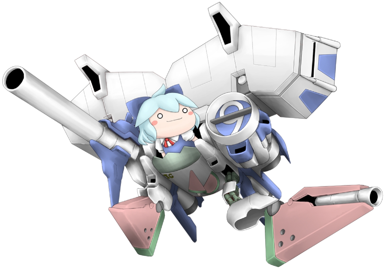 shishigami (sunagimo), cirno, dendrobium schema, gundam, gundam 0083, touhou, bad id, bad pixiv id, 1girl, chibi, circled 9, female focus, food, fruit, mecha, mecha musume, o o, parody, robot, simple background, solo, watermelon, white background