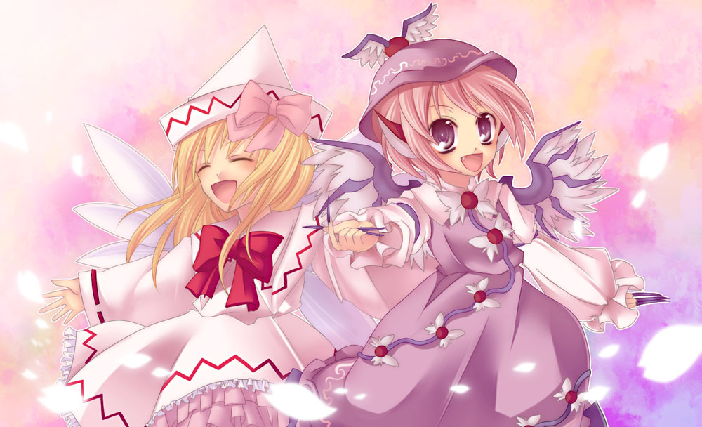 kaza, lily white, mystia lorelei, touhou, bad id, bad pixiv id, 2girls, animal ears, dress, fang, female focus, fingernails, happy, hat, long fingernails, multiple girls, nail (hardware), wings