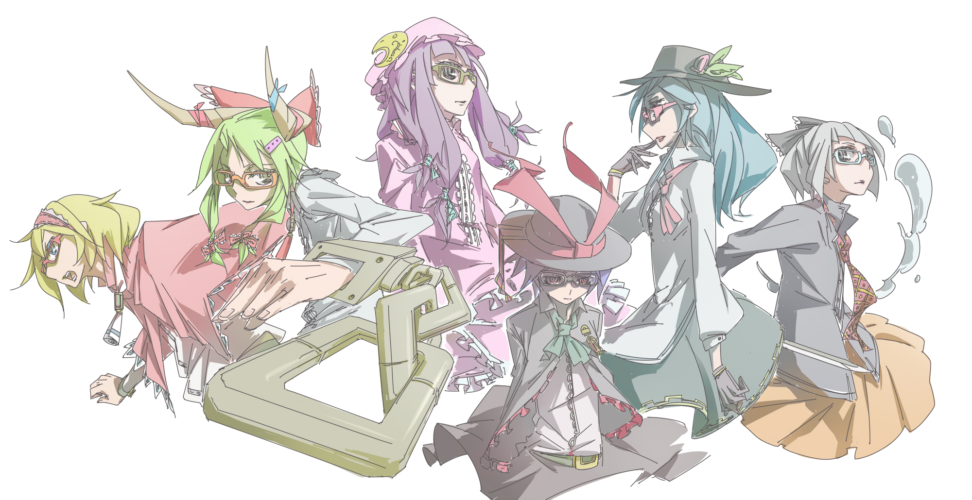 arabahama, alice margatroid, hinanawi tenshi, ibuki suika, kamishirasawa keine, konpaku youmu, nagae iku, patchouli knowledge, atlus, persona, persona 4, touhou, bad id, bad pixiv id, highres, 6+girls, alternate costume, bespectacled, contemporary, cuffs, female focus, foreshortening, glass, glasses, gloves, hat, horns, multiple girls, ribbon, shackles, simple background, skirt, sword, weapon, white background