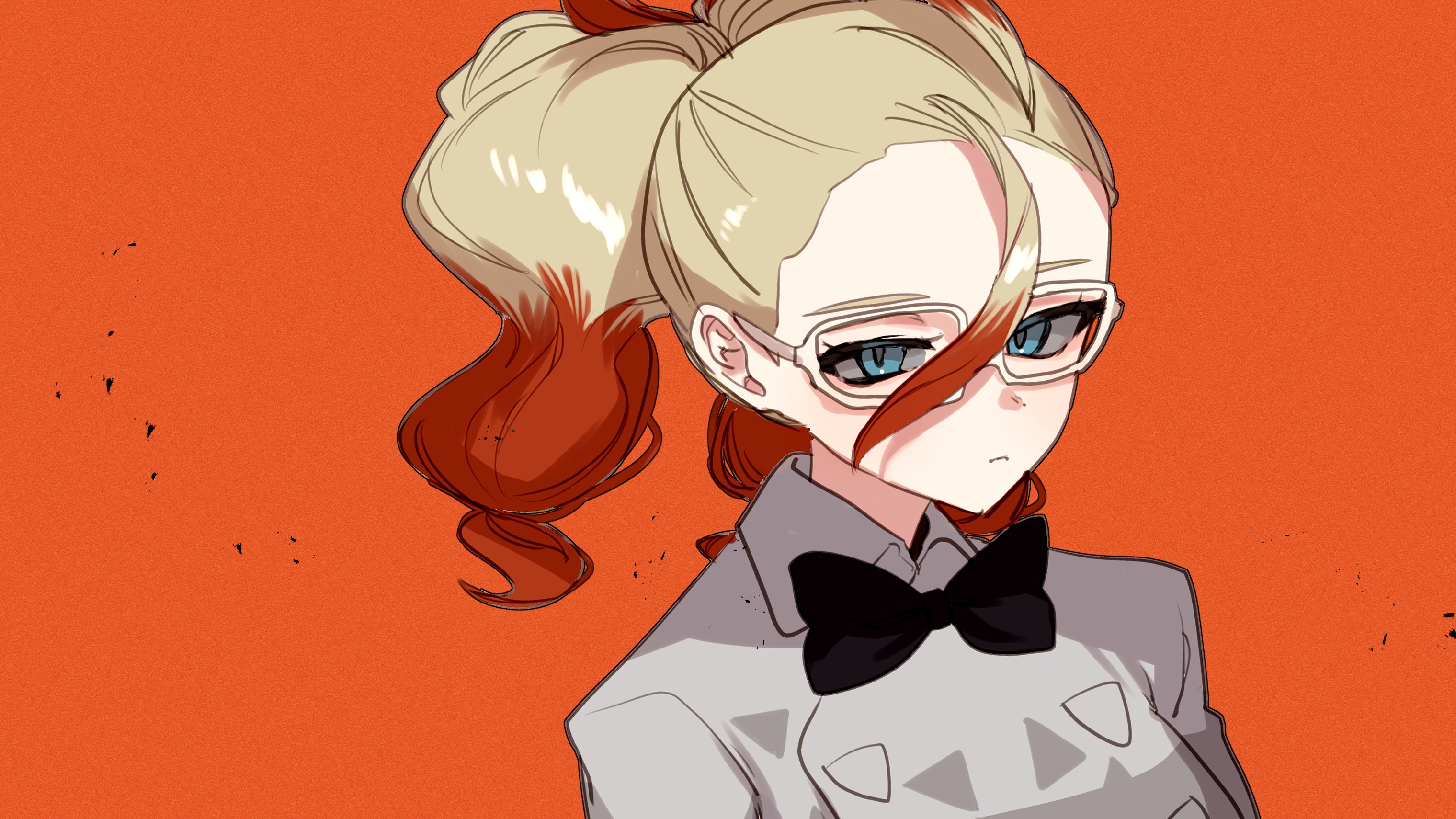 watashi momo, griselle (pokemon), nintendo, pokemon, pokemon legends: z-a, highres, 1girl, black bow, black bowtie, blonde hair, blue eyes, bow, bowtie, closed mouth, glasses, long sleeves, looking at viewer, multicolored hair, orange background, orange hair, ponytail, shirt, simple background, solo, two-tone hair, upper body, white-framed eyewear, white shirt