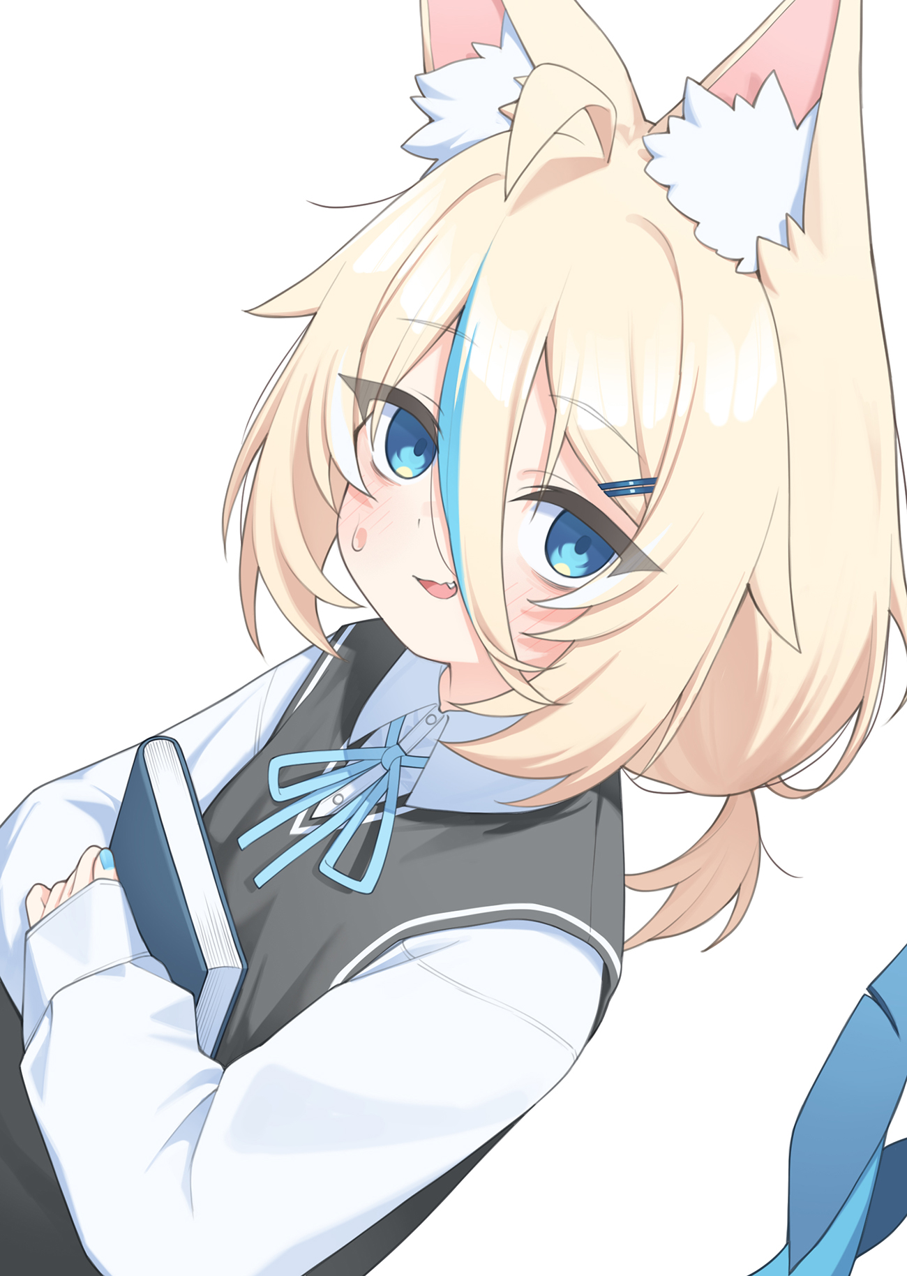 ugaaaa1, sameko saba, indie virtual youtuber, highres, 1girl, ahoge, animal ear fluff, animal ears, black sweater vest, blonde hair, blue eyes, blue nails, blue streaks, book, cat ears, collared shirt, fang, fins, fish girl, fish tail, from side, hair between eyes, hair ornament, hairclip, holding, holding book, long hair, looking at viewer, low ponytail, multicolored hair, nail polish, nervous smile, nervous sweating, parallel hairclips, ponytail, school uniform, shirt, sidelocks, sleeves past wrists, smile, solo, streaked hair, sweat, sweatdrop, sweater vest, tail, virtual youtuber, white background, white shirt