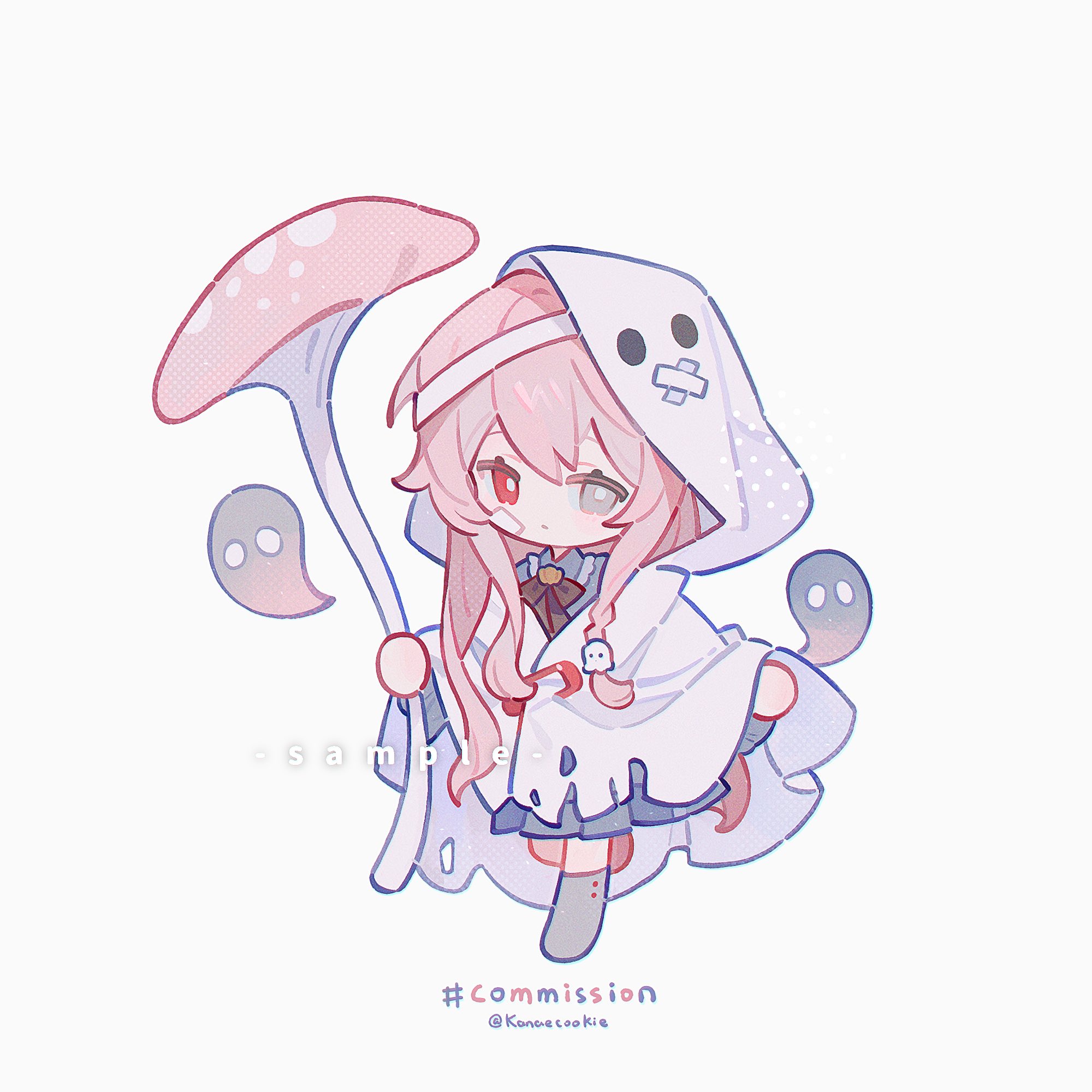 kanae (cookie), original, commission, highres, 1girl, blue skirt, boots, bow, bowtie, bright pupils, brown bow, brown bowtie, chibi, chibi only, cloak, closed mouth, full body, ghost, grey boots, grey eyes, heterochromia, holding, holding mushroom, hood, hood up, hooded cloak, long hair, looking at viewer, mushroom, pink hair, pleated skirt, red eyes, simple background, skirt, solo, standing, standing on one leg, twitter username, white background, white cloak, white pupils