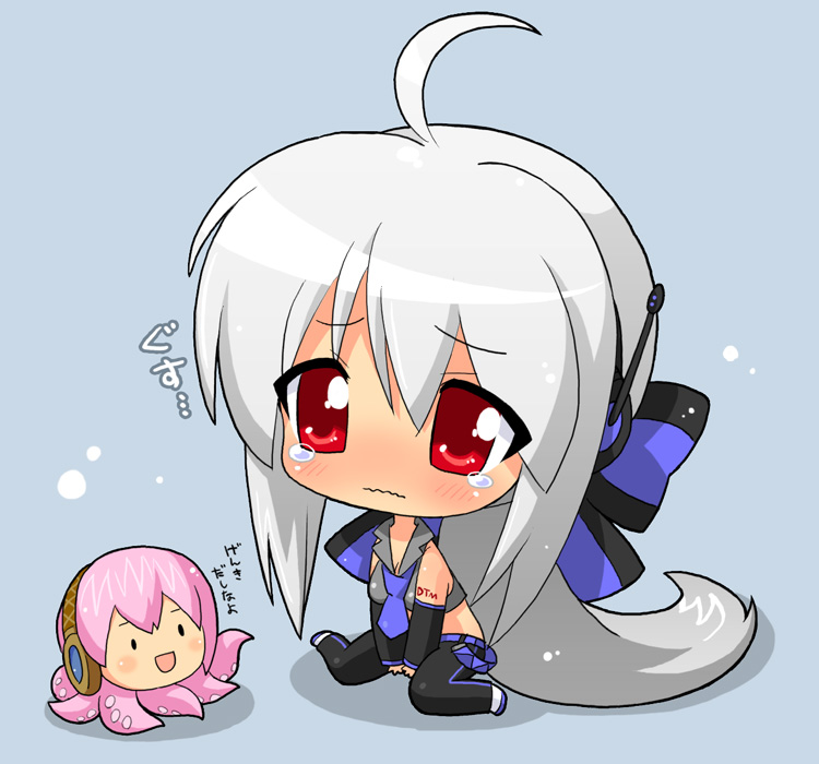 hahifuhe, megurine luka, takoluka, yowane haku, vocaloid, translation request, ahoge, belt, blouse, blush, chibi, grey shirt, hair ribbon, headphones, long hair, midriff, necktie, pants, ponytail, red eyes, ribbon, shirt, smile, solo, tears