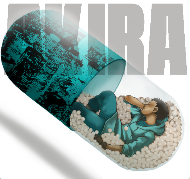 nikoume, shima tetsuo, akira (manga), capsule, 1980s (style), bad id, bad pixiv id, 1boy, blue theme, cityscape, gloves, hood, hoodie, male focus, oldschool, retro artstyle, sleeping, solo