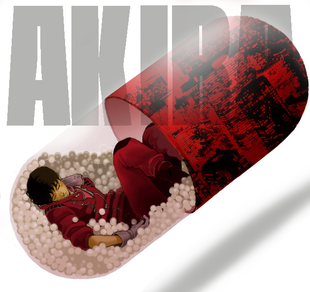 nikoume, kaneda shoutarou (akira), akira (manga), capsule, 1980s (style), bad id, bad pixiv id, 1boy, cityscape, copyright name, gloves, in container, jacket, jumpsuit, male focus, oldschool, pants, pill, red jacket, red pants, red theme, retro artstyle, simple background, sleeping, solo, white background