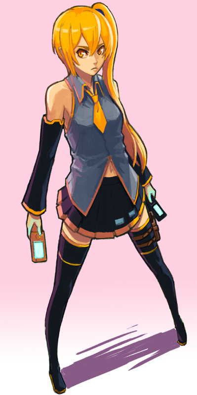 utu (ldnsft), akita neru, vocaloid, blonde hair, cellphone, detached sleeves, long hair, necktie, phone, serious, side ponytail, skirt, solo, standing, thighhighs, yellow eyes