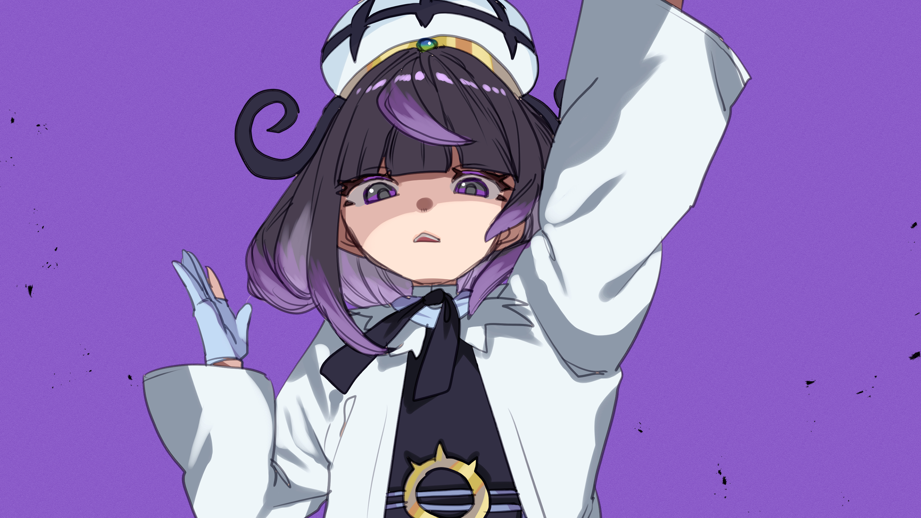 watashi momo, gwynn (pokemon), nintendo, pokemon, pokemon legends: z-a, highres, 1girl, arm up, black dress, black hair, blue gloves, blunt bangs, coat, dress, gloves, hat, long sleeves, looking at viewer, mega stone, multicolored hair, open clothes, open coat, open mouth, partially fingerless gloves, purple background, purple eyes, purple hair, short hair, simple background, solo, upper body, white coat