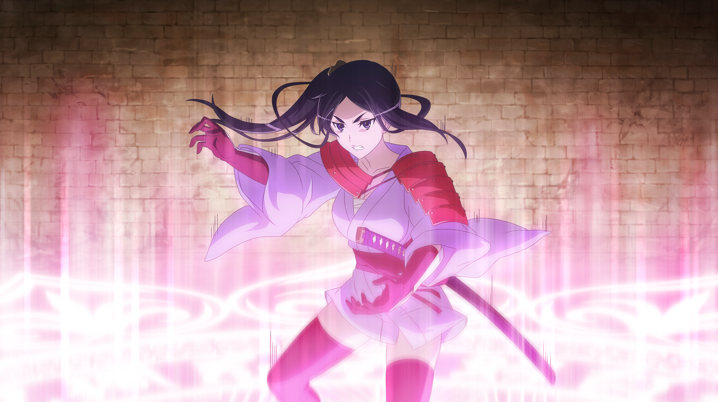 yamato mikoto, danmachi battle chronicle, dungeon ni deai wo motomeru no wa machigatteiru darou ka, game cg, highres, non-web source, official art, 1girl, anime coloring, armor, black hair, brick wall, clenched teeth, gloves, japanese armor, japanese clothes, katana, kimono, kote, long hair, magic, magic circle, parted bangs, purple eyes, purple kimono, red gloves, red sash, red thighhighs, sash, sheath, sheathed, short kimono, shoulder armor, side ponytail, single sode, sode, standing, standing on magic circle, sword, teeth, thighhighs, waist sash, weapon
