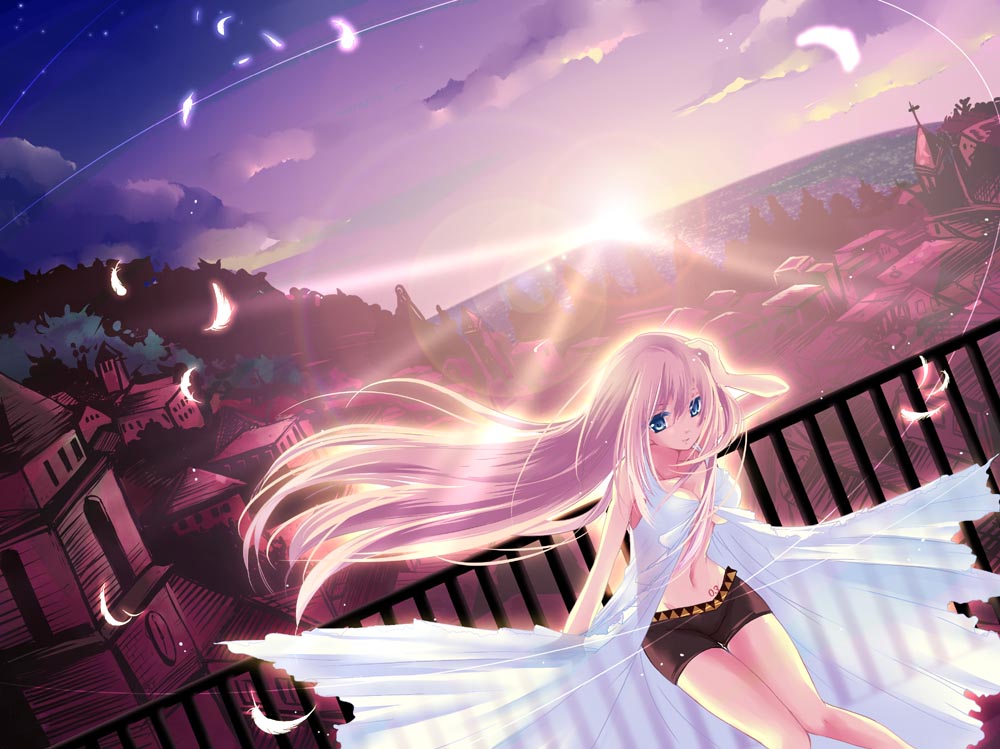 child-box, megurine luka, vocaloid, md5 mismatch, resolution mismatch, source smaller, 1girl, blue eyes, cityscape, feathers, female focus, long hair, ocean, pink hair, scenery, shorts, sky, solo, sunset
