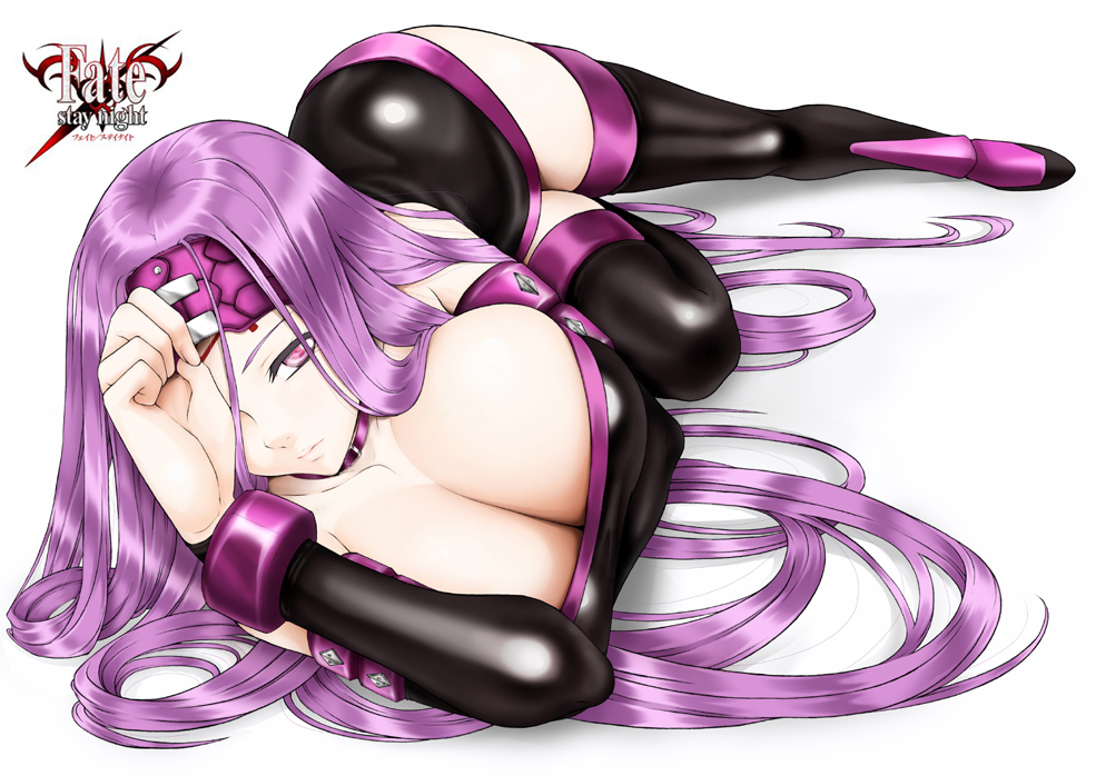 kutani, medusa (rider) (fate), fate/stay night, fate (series), breasts, choker, cleavage, dress, huge breasts, legs, long hair, lying, mask, on side, purple eyes, purple hair, solo, strapless dress, thighhighs, very long hair