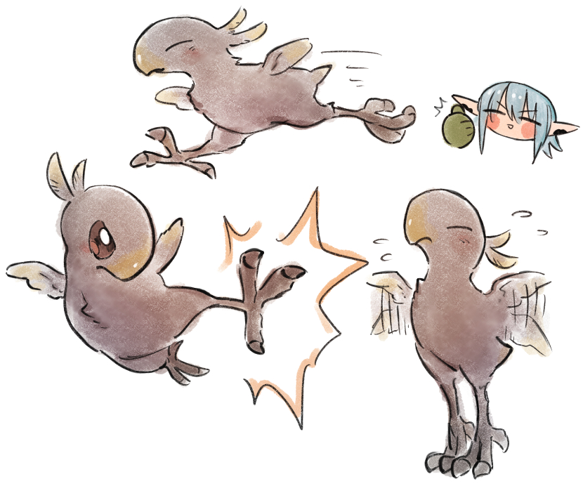 suzuka (su9111suzu), chocobo, haurchefant greystone, final fantasy, final fantasy xiv, 1boy, animal focus, blue eyes, blue hair, blush stickers, chibi, chibi inset, closed eyes, dashing, elezen, elf, flapping, flying kick, flying sweatdrops, gloves, green gloves, hair between eyes, head only, kicking, motion lines, pointy ears, short hair, simple background, thumbs up, tiptoes, white background