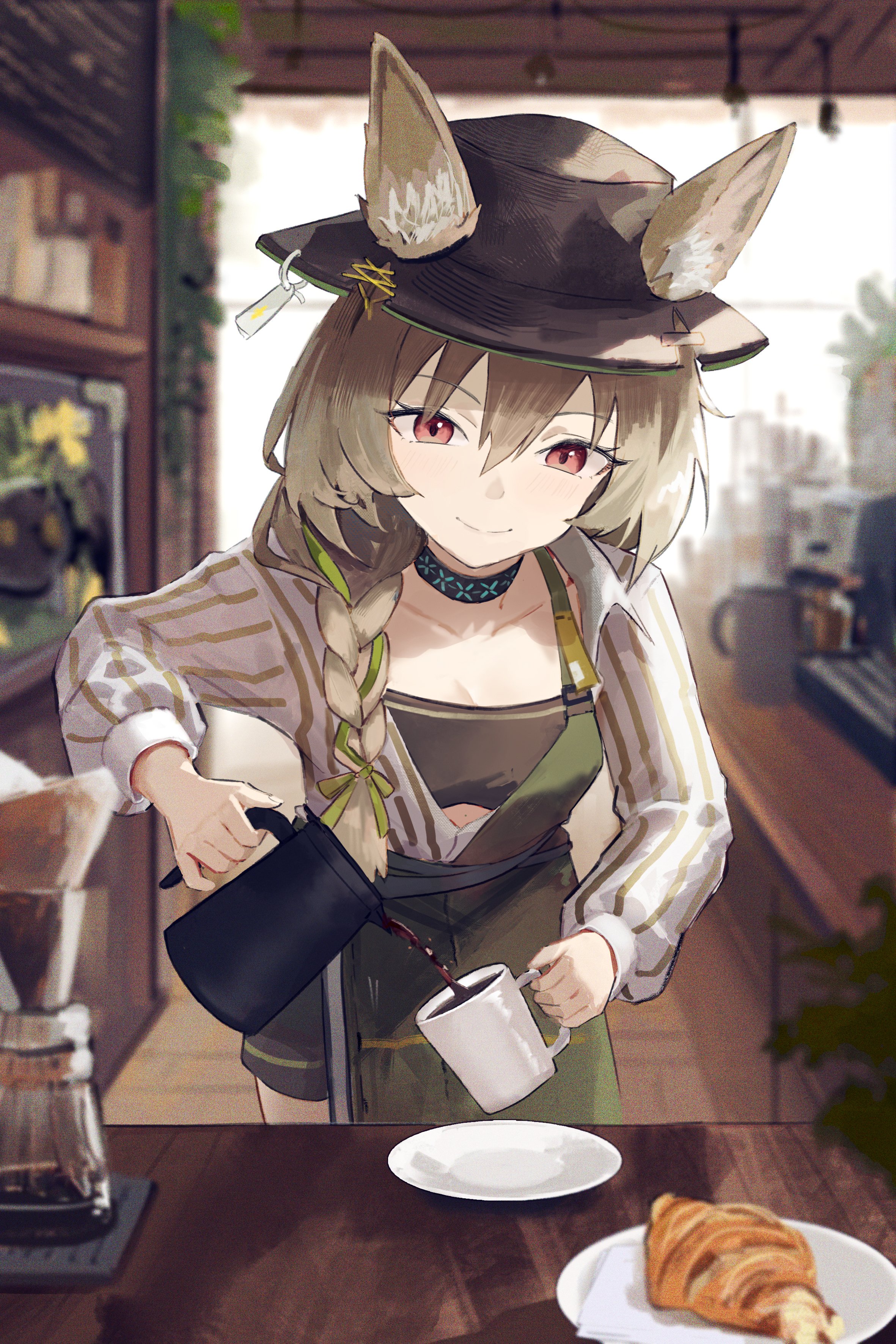 ema (kuguiema), beanstalk (arknights), infection monitor (arknights), arknights, absurdres, commentary, highres, 1girl, animal ear fluff, apron, black apron, black choker, black hat, black shorts, black tube top, blurry, blurry background, blurry foreground, braid, breasts, brown eyes, brown hair, cafe, choker, cleavage, closed mouth, coffee, coffee maker, croissant, cup, depth of field, domesticated metal crab (arknights), ears through headwear, fedora, food, hair between eyes, hand up, hat, holding, holding cup, holding kettle, hyena ears, hyena girl, indoors, kettle, long hair, long sleeves, looking at object, open clothes, open shirt, plate, pouring, puffy long sleeves, puffy sleeves, shirt, short shorts, shorts, sidelocks, single braid, small breasts, smile, solo, standing, strapless, striped clothes, striped shirt, tag, tube top, vertical-striped clothes, vertical-striped shirt