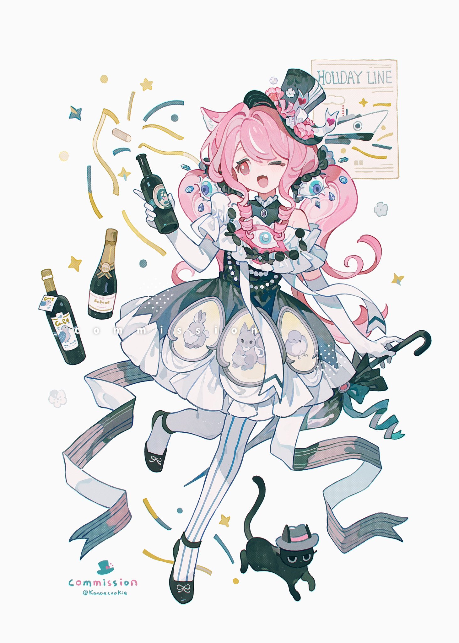 kanae (cookie), original, commission, highres, 1girl, ;d, animal ears, bare shoulders, black dress, black hat, black shoes, bottle, cat, cat ears, cat girl, champagne bottle, dress, elbow gloves, frilled dress, frills, full body, gloves, hat, holding, holding bottle, holding umbrella, long hair, off-shoulder dress, off shoulder, one eye closed, open mouth, pantyhose, pink hair, red eyes, shoes, short sleeves, simple background, smile, solo, standing, standing on one leg, striped clothes, striped pantyhose, top hat, twitter username, umbrella, white background, white gloves, white pantyhose