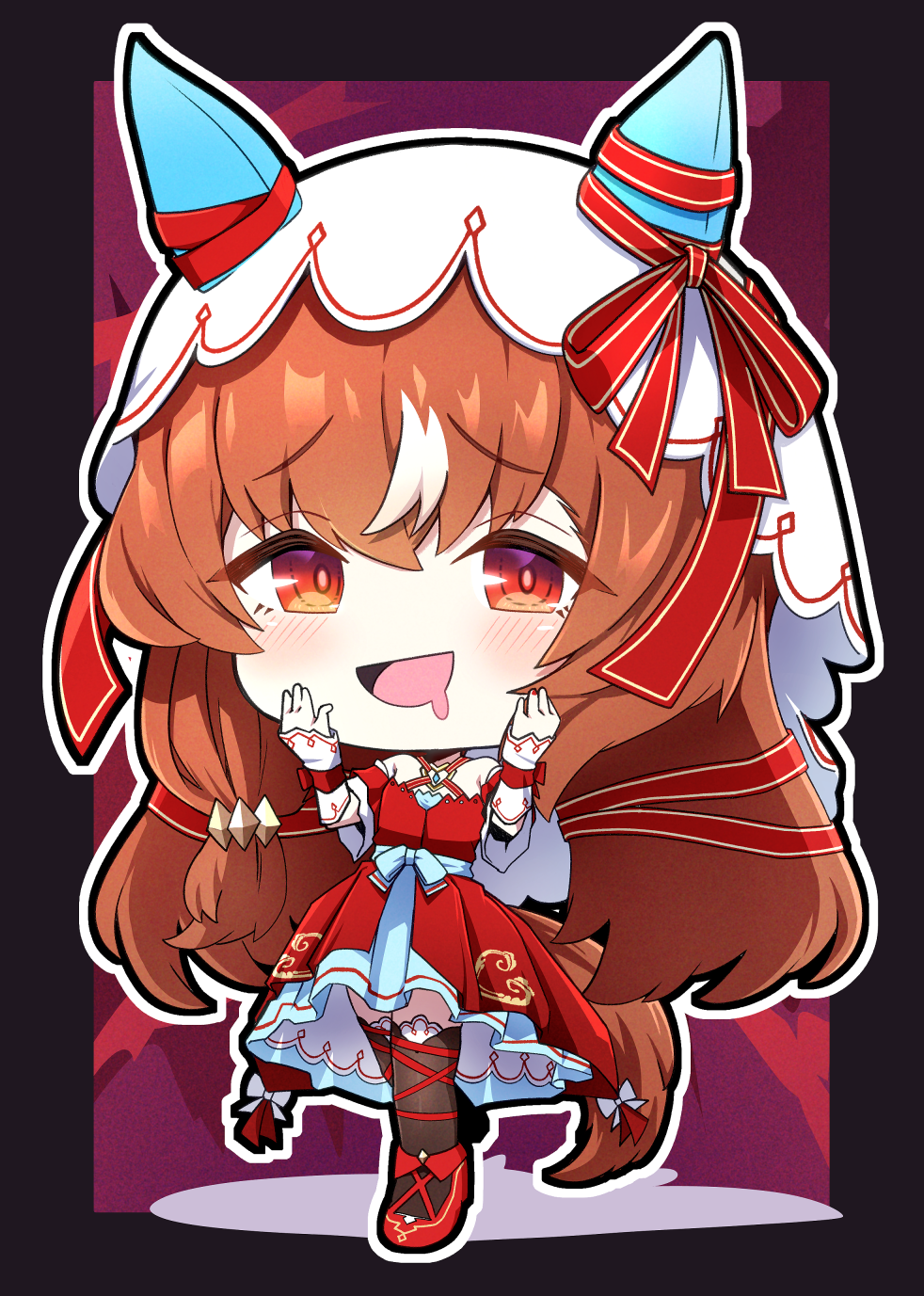 kirigakure (iroiro tsukauyo), still in love (scarlet vow raiment) (umamusume), still in love (umamusume), umamusume, highres, 1girl, animal ears, black thighhighs, blush, bow, breasts, brown hair, chibi, chibi only, detached sleeves, dress, drooling, ear covers, ear ribbon, hair between eyes, hair ornament, horse ears, horse girl, horse tail, long hair, looking at viewer, mouth drool, multicolored hair, open mouth, red dress, red eyes, red ribbon, ribbon, smile, solo, streaked hair, tail, thighhighs, veil, white hair, white veil