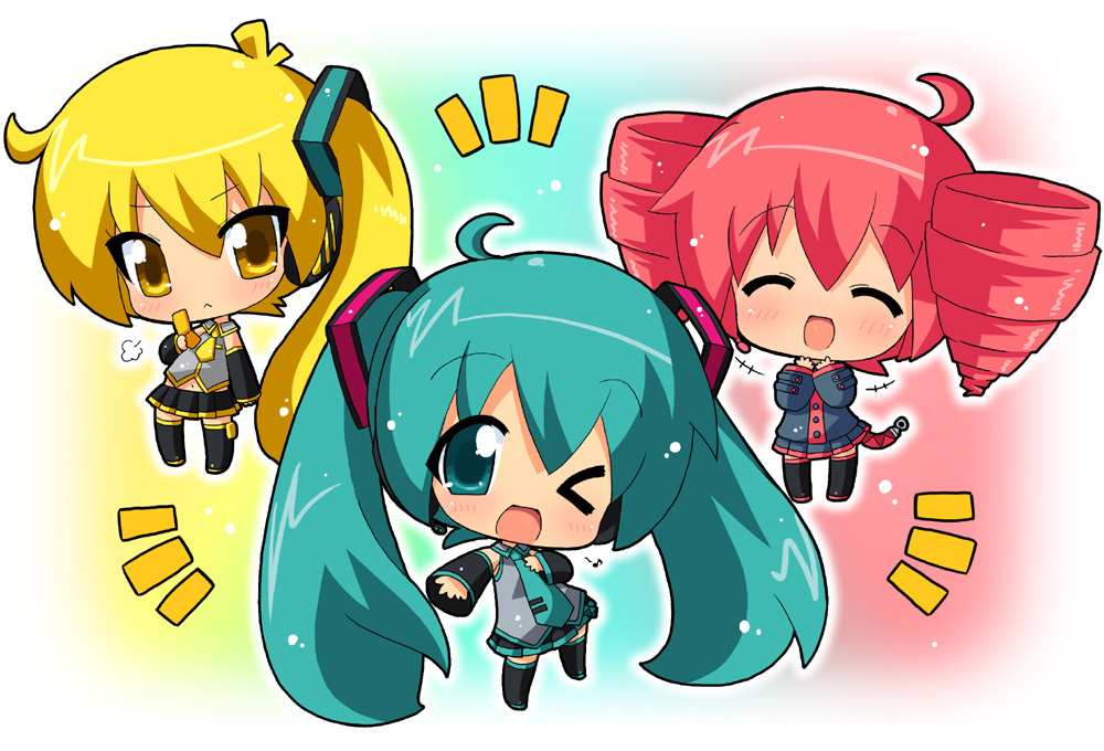 hahifuhe, akita neru, hatsune miku, kasane teto, kasane teto (utau), triple baka (vocaloid), utau, vocaloid, 3girls, ahoge, aqua eyes, aqua hair, asymmetrical hair, blonde hair, blush, cellphone, chibi, crossover, detached sleeves, drill hair, long hair, multiple girls, necktie, one eye closed, open mouth, phone, red hair, side ponytail, skirt, smile, thighhighs, twin drills, twintails, very long hair, wink, yellow eyes