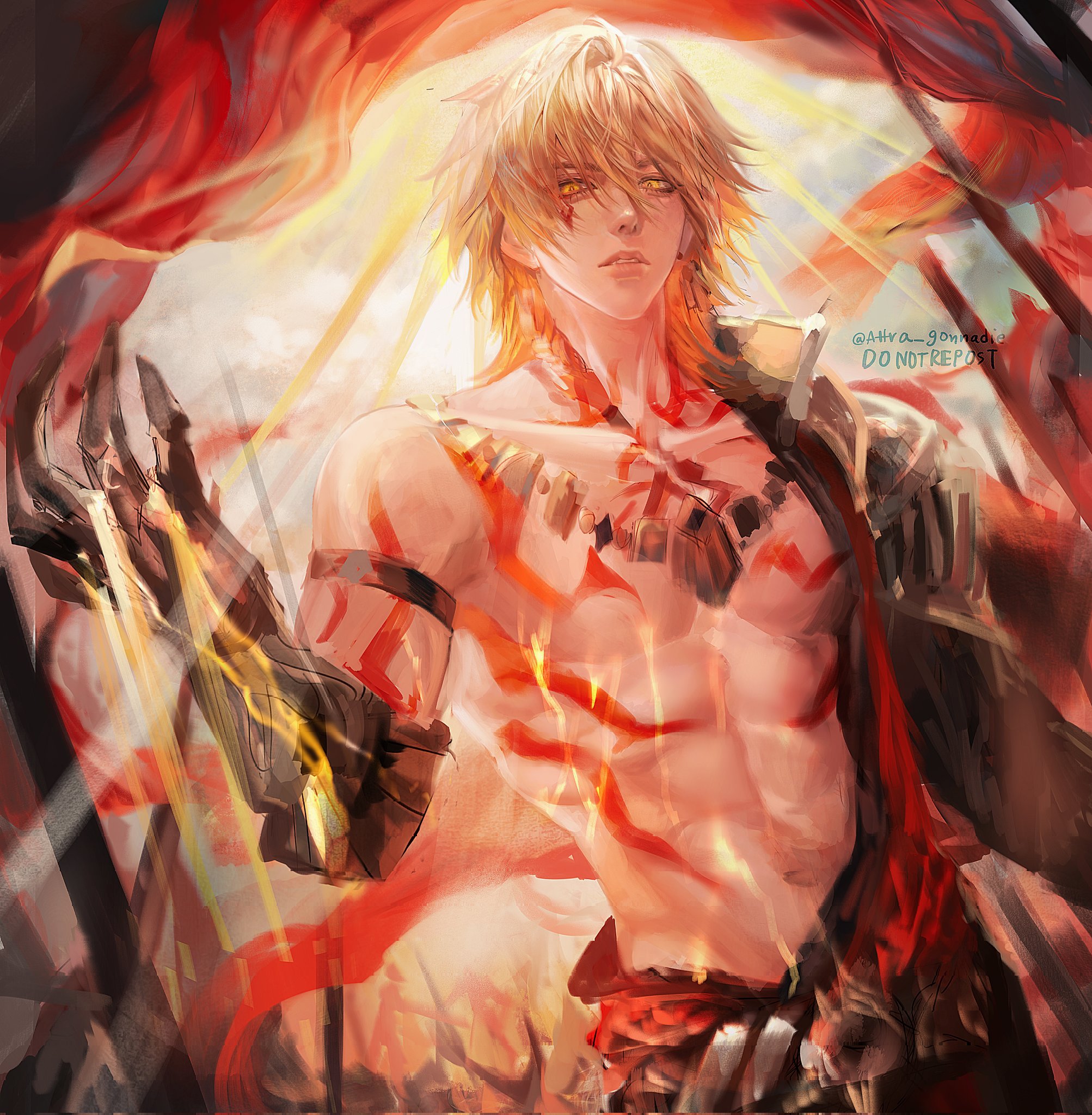 mydei (honkai: star rail), honkai: star rail, honkai (series), commentary, english commentary, highres, 1boy, armlet, attra gonnadie, bare pectorals, blonde hair, braid, chest tattoo, clawed gauntlets, facial tattoo, gradient hair, hair between eyes, jewelry, lips, male focus, medium hair, multicolored hair, nose, parted lips, pectorals, red hair, red tattoo, side braid, solo, tattoo, teeth, twitter username, yellow eyes