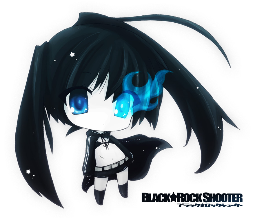 hahifuhe, black rock shooter (character), black rock shooter, 10s, bikini, bikini top only, black hair, blue eyes, chibi, darkness, glowing, glowing eyes, long hair, midriff, navel, pale skin, shorts, solo, swimsuit, twintails, uneven twintails, wind
