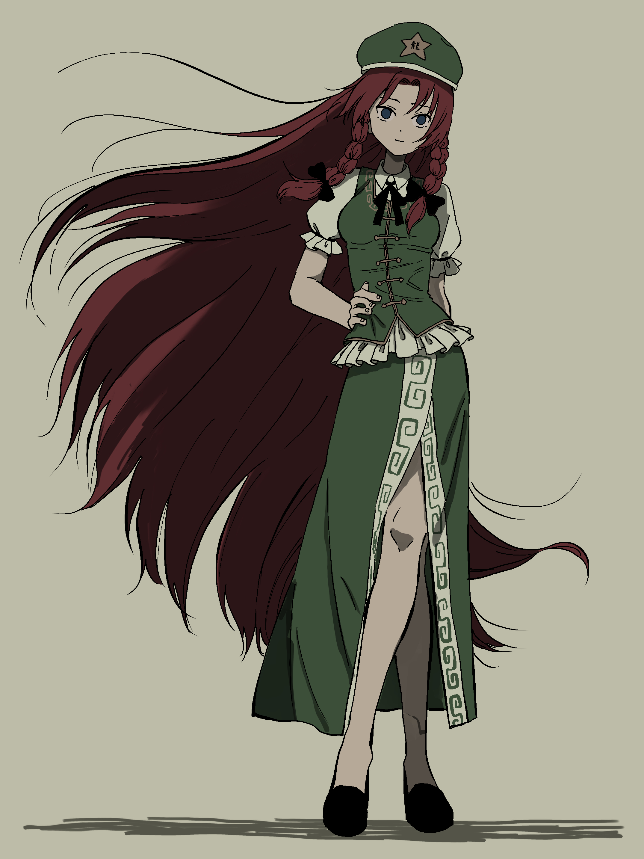 uzou (uzooooooooo), hong meiling, touhou, absurdres, highres, 1girl, blue eyes, bow, braid, collared shirt, crossed legs, frilled shirt, frills, full body, hair bow, hand on own hip, hat, light smile, long hair, long skirt, looking at viewer, neck ribbon, red hair, ribbon, shirt, short sleeves, side braids, side slit, skirt, skirt set, solo, star (symbol), very long hair