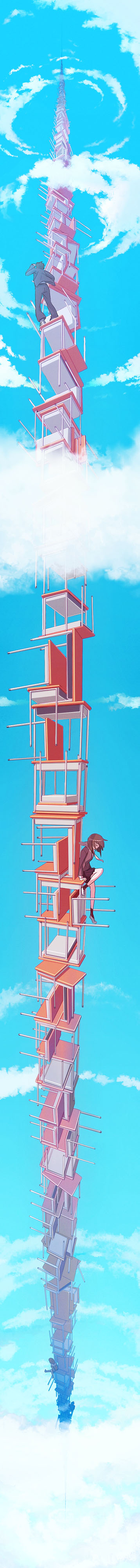 isobe toast, original, absurdres, highres, long image, tall image, 1boy, cloud, desk, gakuran, school desk, school uniform, serafuku, sky, space elevator, tower, what