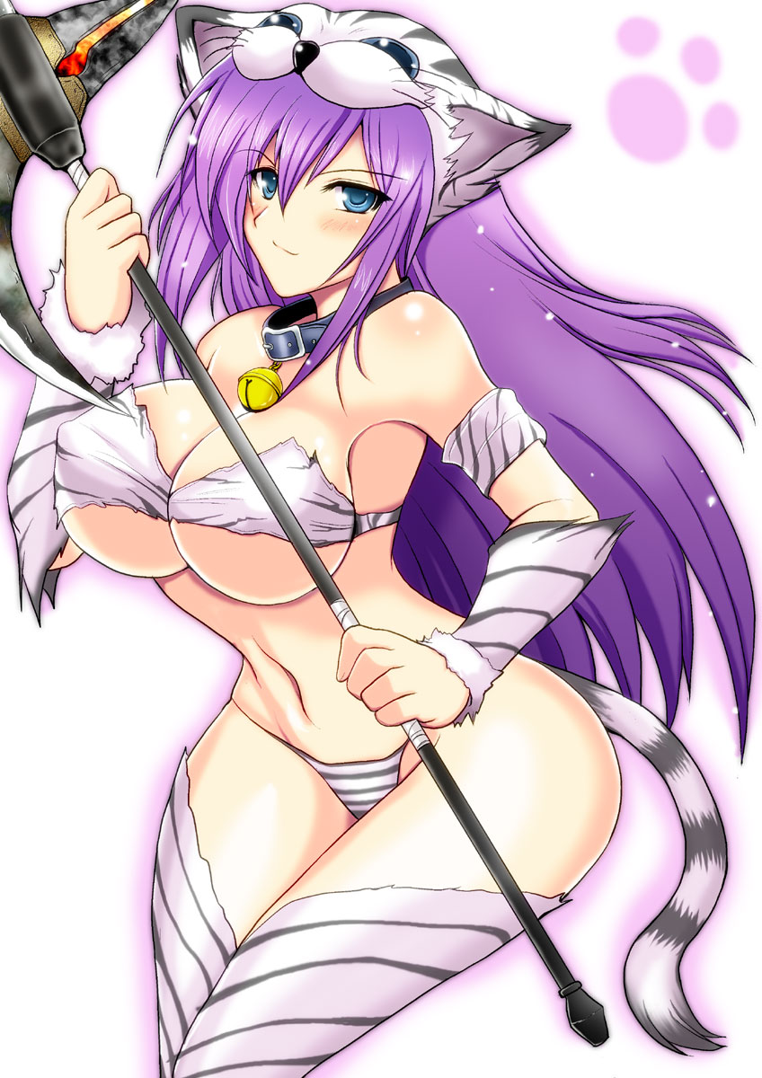 yasakani an, berserker (class), berserker (final fantasy), faris scherwiz, heracles (fate), fate (series), final fantasy, final fantasy v, fur, striped, highres, 1990s (style), 1girl, animal ears, animal print, axe, bare shoulders, bell, bikini, blue eyes, blush, breasts, collar, female focus, large breasts, long hair, narrow waist, neck bell, purple hair, retro artstyle, solo, swimsuit, tail, thighhighs, tiger print, underboob, weapon, white bikini