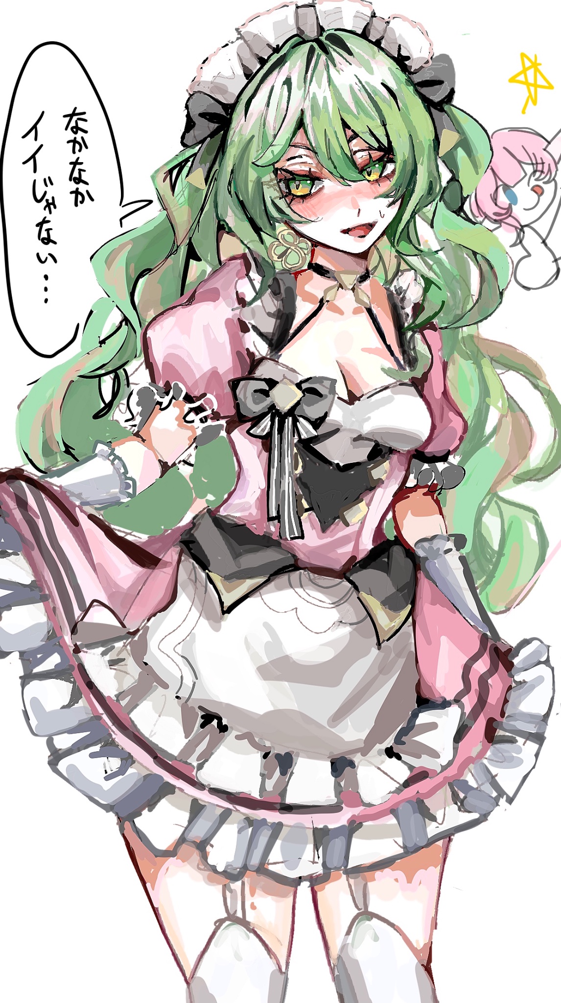 gettou0 0, elysia (honkai impact), mobius (honkai impact), mobius (mobius dressing) (honkai impact), honkai (series), honkai impact 3rd, commentary request, highres, translation request, 2girls, apron, blue eyes, blush, breasts, cleavage, dress, earrings, garter straps, green eyes, green hair, jewelry, maid, maid apron, maid headdress, multiple girls, official alternate costume, pink dress, pink hair, simple background, small breasts, speech bubble, thighhighs, thighs, thumbs up, tongue, tongue out, white apron, white background, white garter straps, white thighhighs