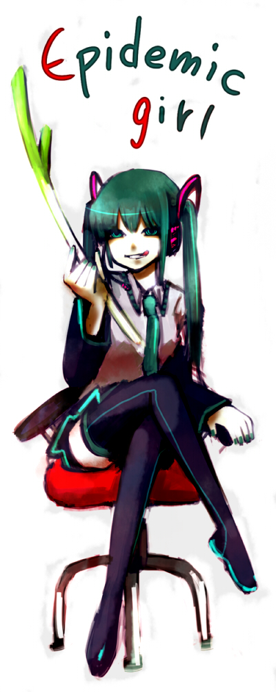 mame usagi, hatsune miku, vocaloid, bad id, bad pixiv id, aqua eyes, aqua hair, crazy eyes, crossed legs, detached sleeves, english text, grin, headphones, microphone, necktie, sitting, smile, solo, spring onion, thighhighs, tongue, twintails