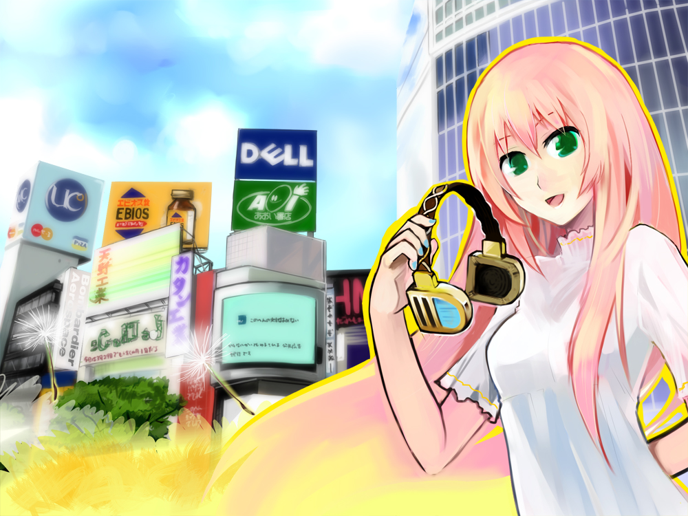 nokuromu, yajiroshi, megurine luka, vocaloid, building, cityscape, dandelion, flower, green eyes, headphones, long hair, pink hair, smile