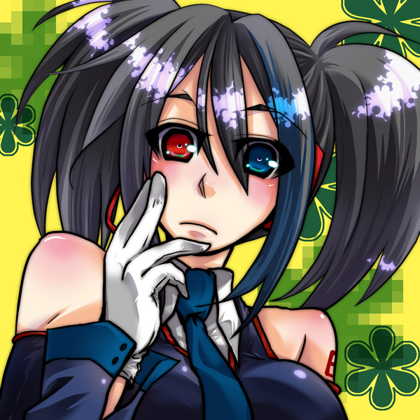 einoura, yokune ruko, utau, vocaloid, 1girl, black hair, blue eyes, blue necktie, female focus, gloves, headphones, heterochromia, necktie, red eyes, single glove, solo, twintails