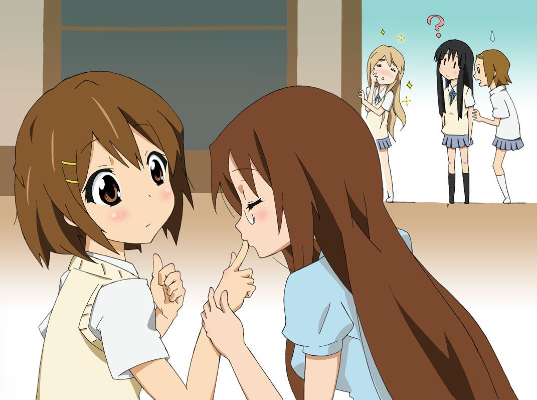 detamaka, akiyama mio, hirasawa yui, kotobuki tsumugi, tainaka ritsu, yamanaka sawako, k-on!, 00s, 5girls, = =, blush, closed eyes, finger sucking, finger to mouth, glasses, ho-kago tea time, multiple girls, o o, school uniform, sweater vest, yaranaika, | |
