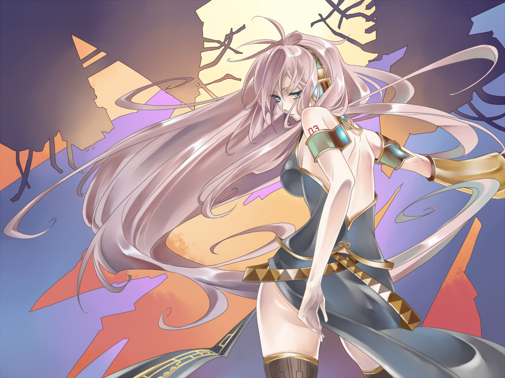 mocchiri oyaji, megurine luka, vocaloid, bad id, bad pixiv id, bare shoulders, blue eyes, headphones, long hair, looking back, pink hair, solo, thighhighs, very long hair