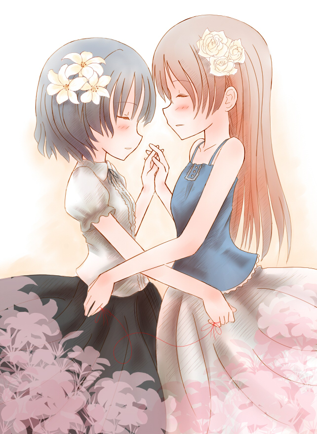 sobako (artist), eila ilmatar juutilainen, sanya v. litvyak, strike witches, world witches series, silver hair, bad id, bad pixiv id, 00s, 2girls, blush, closed eyes, couple, flower, holding hands, long hair, multiple girls, short hair, string, string of fate, yuri