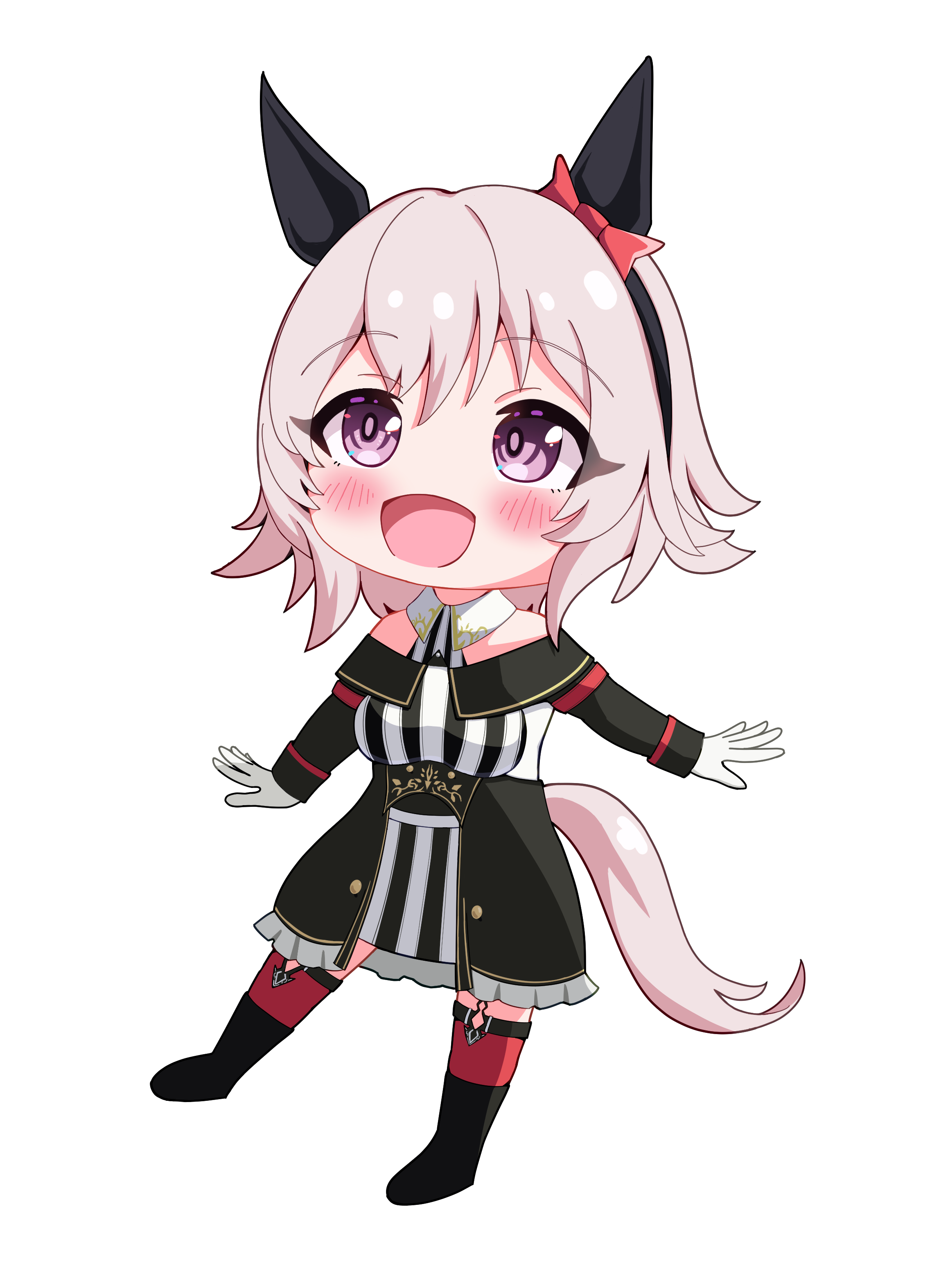 oldworld order, curren chan (fille eclair) (umamusume), curren chan (umamusume), umamusume, absurdres, highres, 1girl, animal ears, bare shoulders, black boots, blush, boots, bow, breasts, chibi, chibi only, coat, dress, ear bow, ear covers, full body, garter straps, gloves, grey hair, hair between eyes, horse ears, horse girl, horse tail, long sleeves, looking at viewer, off-shoulder coat, off-shoulder dress, off-shoulder jacket, off shoulder, open mouth, purple eyes, red bow, red thighhighs, short hair, simple background, smile, solo, striped clothes, striped dress, tail, thighhighs, vertical-striped clothes, vertical-striped dress, white background, white gloves