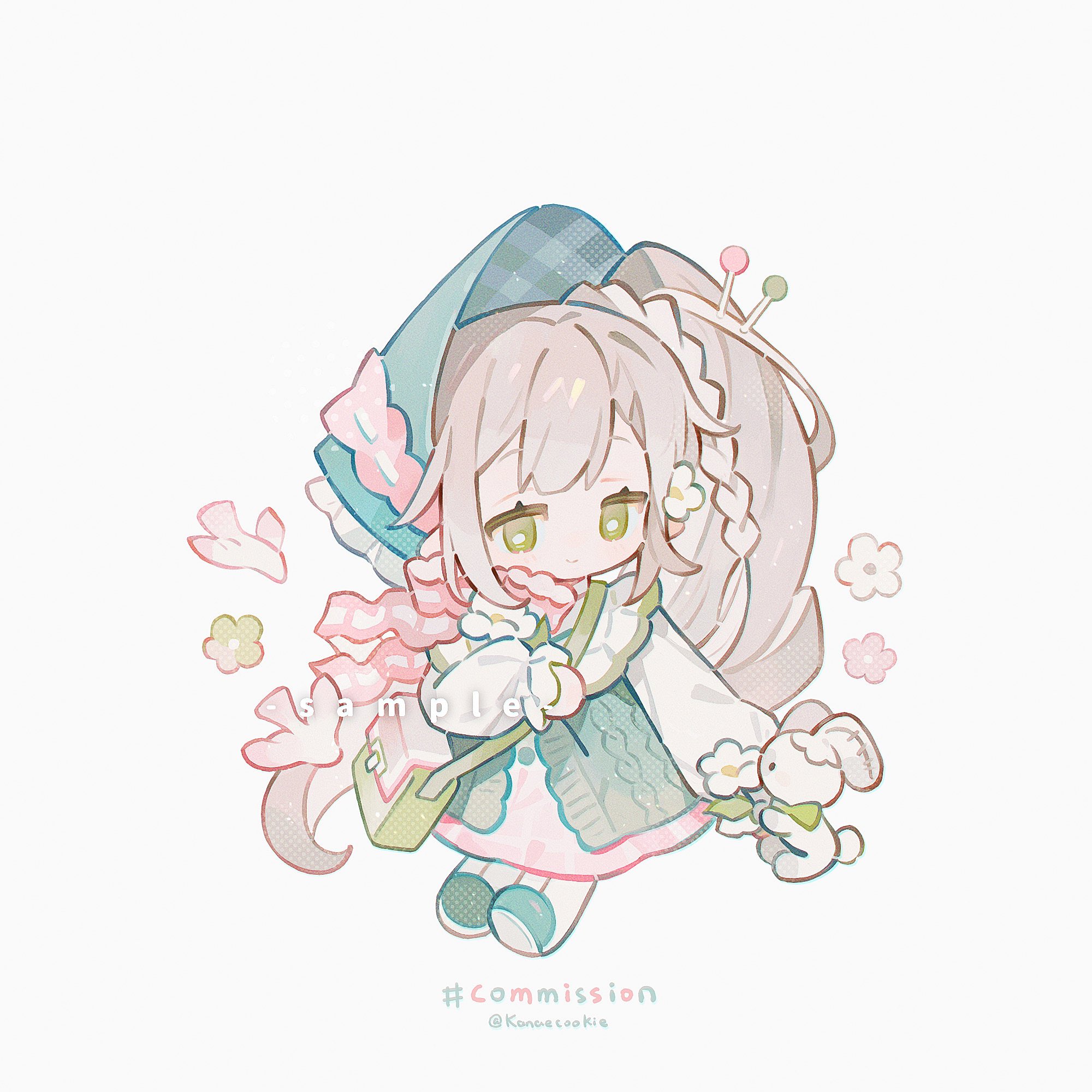 kanae (cookie), original, commission, highres, 1girl, bright pupils, cardigan, chibi, chibi only, closed mouth, full body, green bonnet, green cardigan, green eyes, green shoes, grey hair, long hair, long sleeves, open cardigan, open clothes, pink skirt, rabbit, shirt, shoes, side ponytail, simple background, skirt, smile, solo, standing, twitter username, white background, white pupils, white shirt