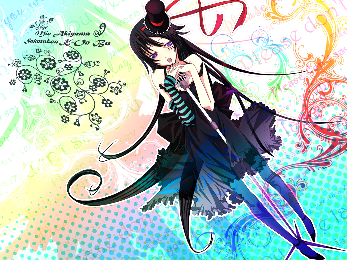 kariya (artist), kariya (mizore), akiyama mio, don't say "lazy", k-on!, striped, 00s, 1girl, black hair, blue eyes, blue pantyhose, blunt bangs, dress, facepaint, female focus, hat, hime cut, long hair, mini hat, mini top hat, pantyhose, solo, top hat