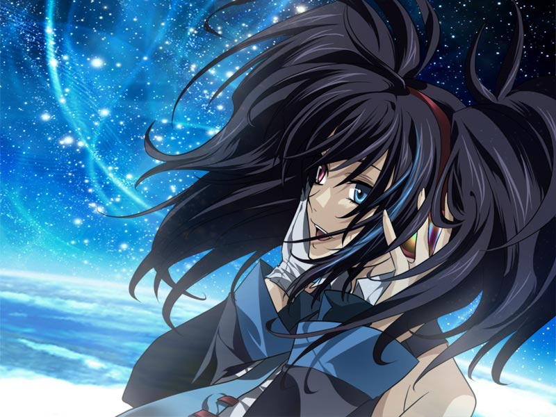 mocchiri oyaji, yokune ruko, utau, vocaloid, bad id, bad pixiv id, black hair, blue eyes, detached sleeves, gloves, headphones, heterochromia, necktie, night, open mouth, red eyes, single glove, solo, twintails, wind