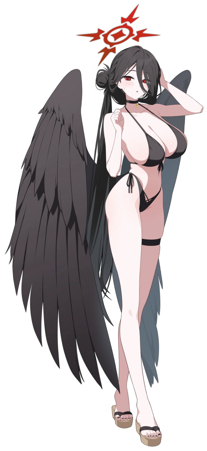 hasumi (blue archive), hasumi (swimsuit) (blue archive), blue archive, official art, 1girl, bikini, black bikini, black hair, black wings, blush, breasts, cleavage, feathered wings, front-tie bikini top, front-tie top, full body, hair between eyes, hair bun, huge breasts, large breasts, long hair, long hair between eyes, low wings, navel, official alternate costume, open mouth, red eyes, sandals, side-tie bikini bottom, single hair bun, single side bun, skindentation, standing, stomach, swimsuit, thigh strap, thighs, transparent background, wings