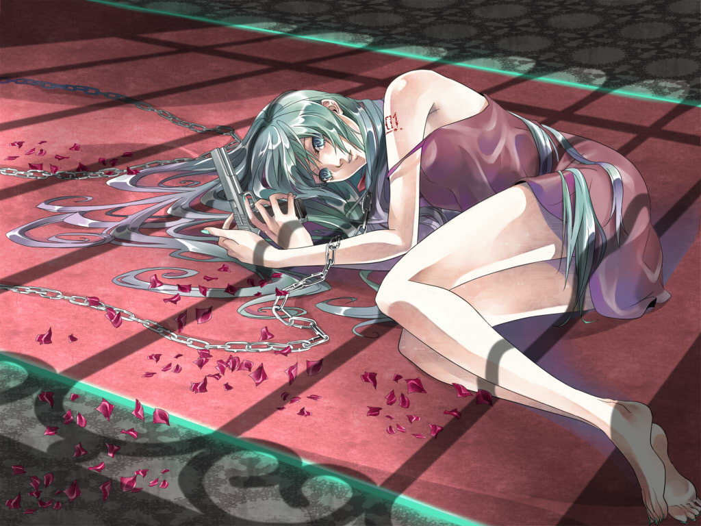 mocchiri oyaji, hatsune miku, vocaloid, bad id, bad pixiv id, 1girl, aqua eyes, aqua hair, barefoot, chain, feet, female focus, floor, gradient hair, gun, hair down, long hair, lying, multicolored hair, on side, petals, purple hair, solo, weapon