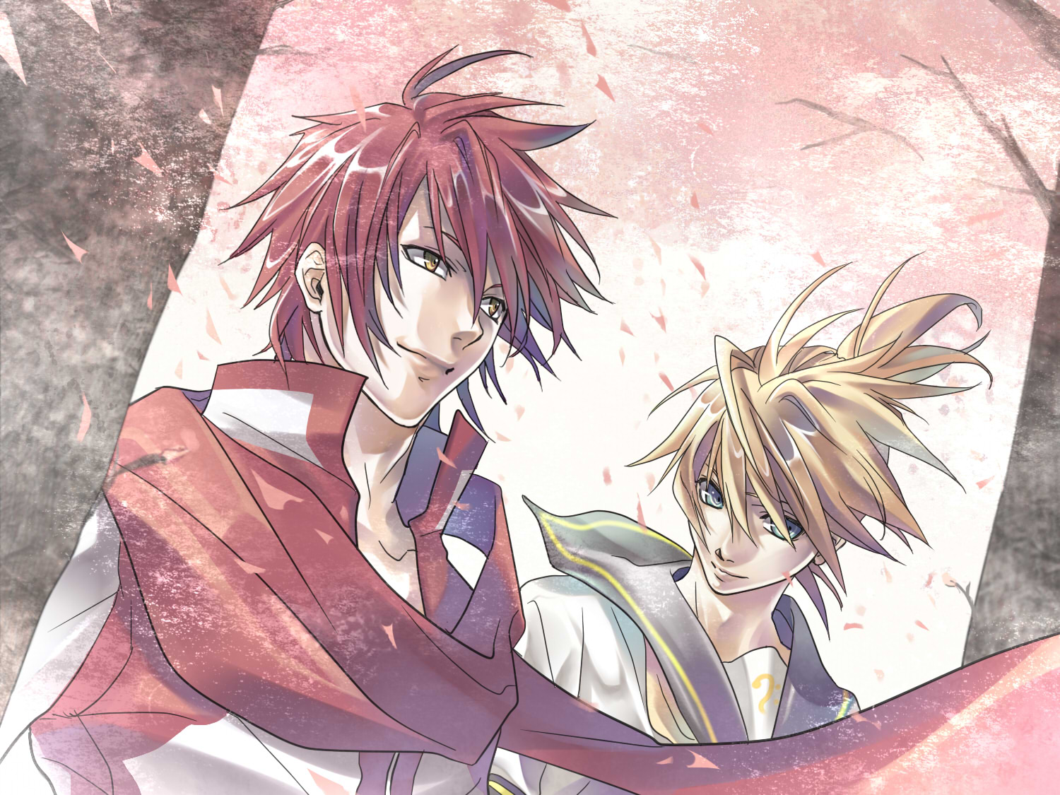 mocchiri oyaji, akaito, kagamine len, vocaloid, bad id, bad pixiv id, 2boys, blonde hair, blue eyes, male focus, multiple boys, red hair, scarf, smile, wind, yellow eyes