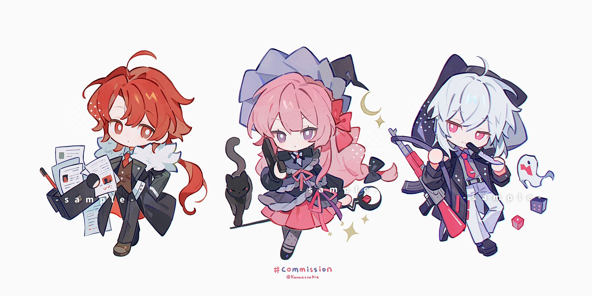 kanae (cookie), original, commission, highres, 1girl, 2boys, ahoge, ball hands, black hat, black pants, black shoes, blunt bangs, bright pupils, broom, broom riding, brown shoes, chibi, chibi only, closed mouth, coat, double-parted bangs, full body, gun, hand in pocket, hat, holding, holding gun, holding weapon, hood, hood up, hooded coat, long hair, long sleeves, looking at viewer, multiple boys, necktie, open clothes, open coat, pants, parted bangs, pink hair, pink skirt, pleated skirt, purple eyes, red eyes, red hair, red necktie, shoes, short hair, simple background, skirt, smile, standing, twitter username, weapon, white background, white hair, white pupils, witch hat